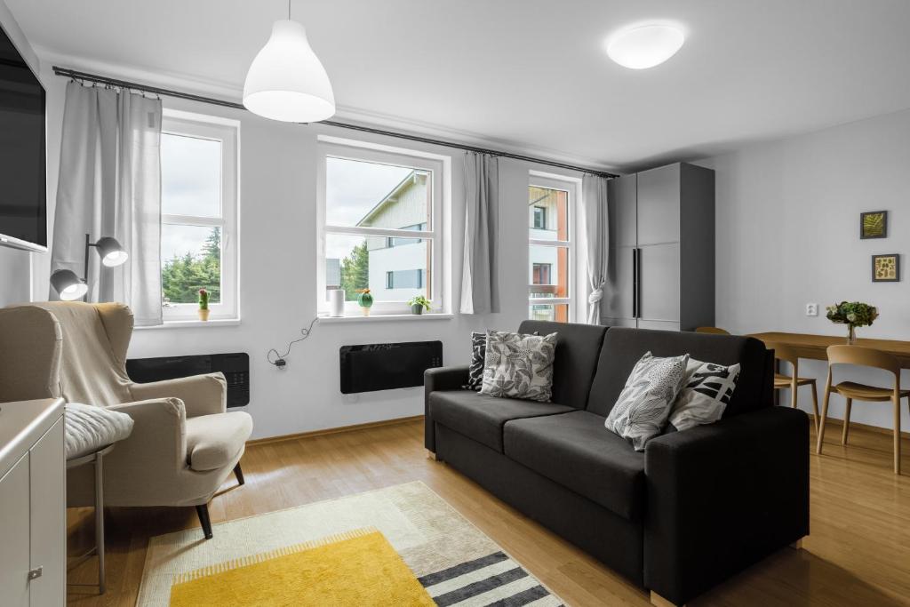 a living room with a black couch and a table at Apartmán Klínovec 365 in Loučná pod Klínovcem