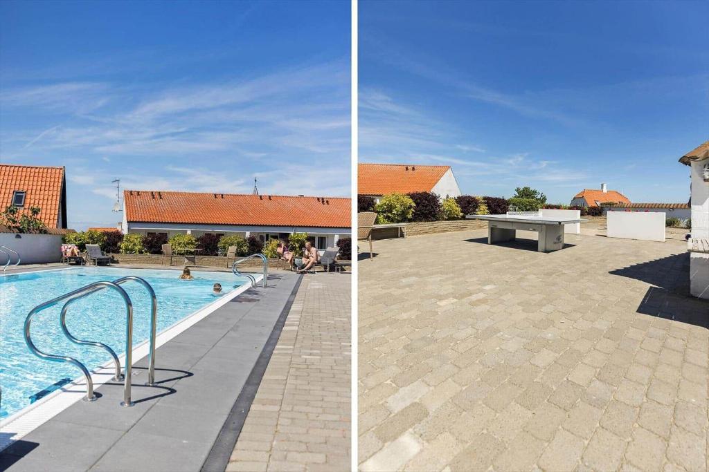 two pictures of a swimming pool with a table and a picnic table at 5633-Gudhjem-Kirkevej-10-lejl-19 in Gudhjem