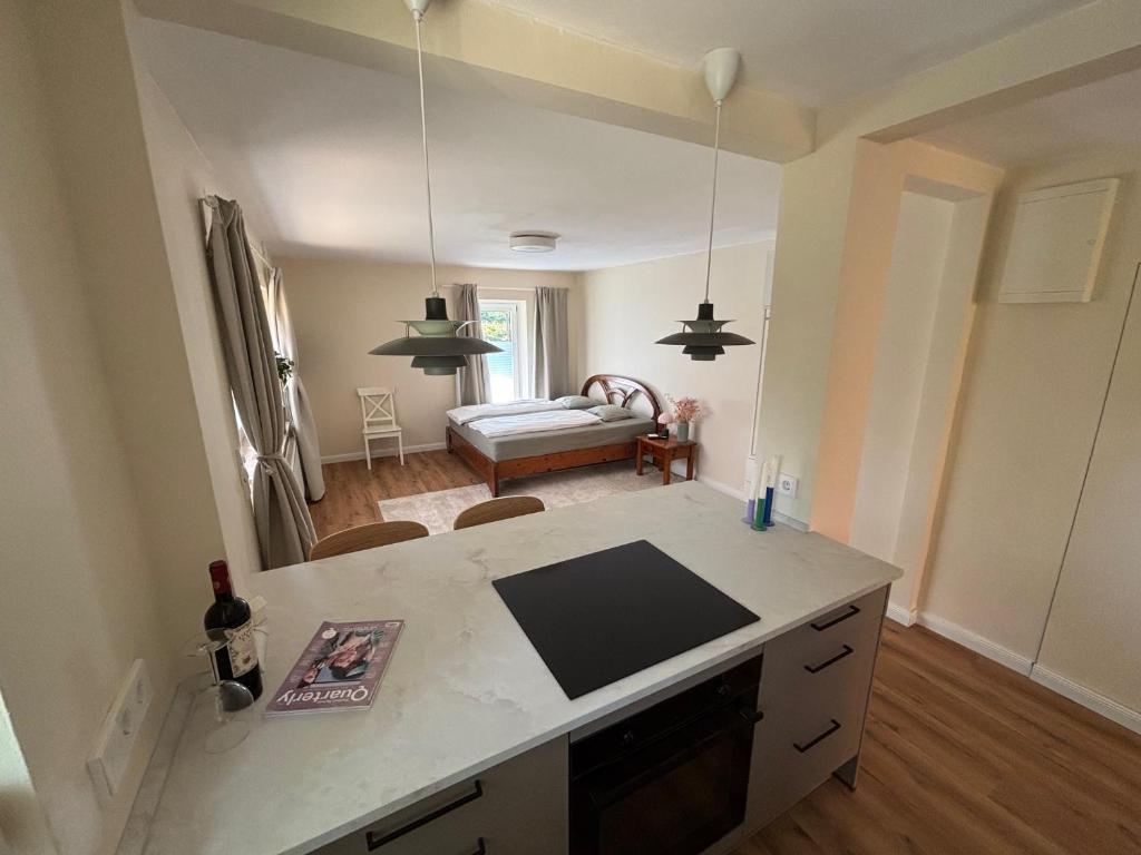 a kitchen with a counter and a room with a bed at Terrassenwohnung im Alstertal in Hamburg