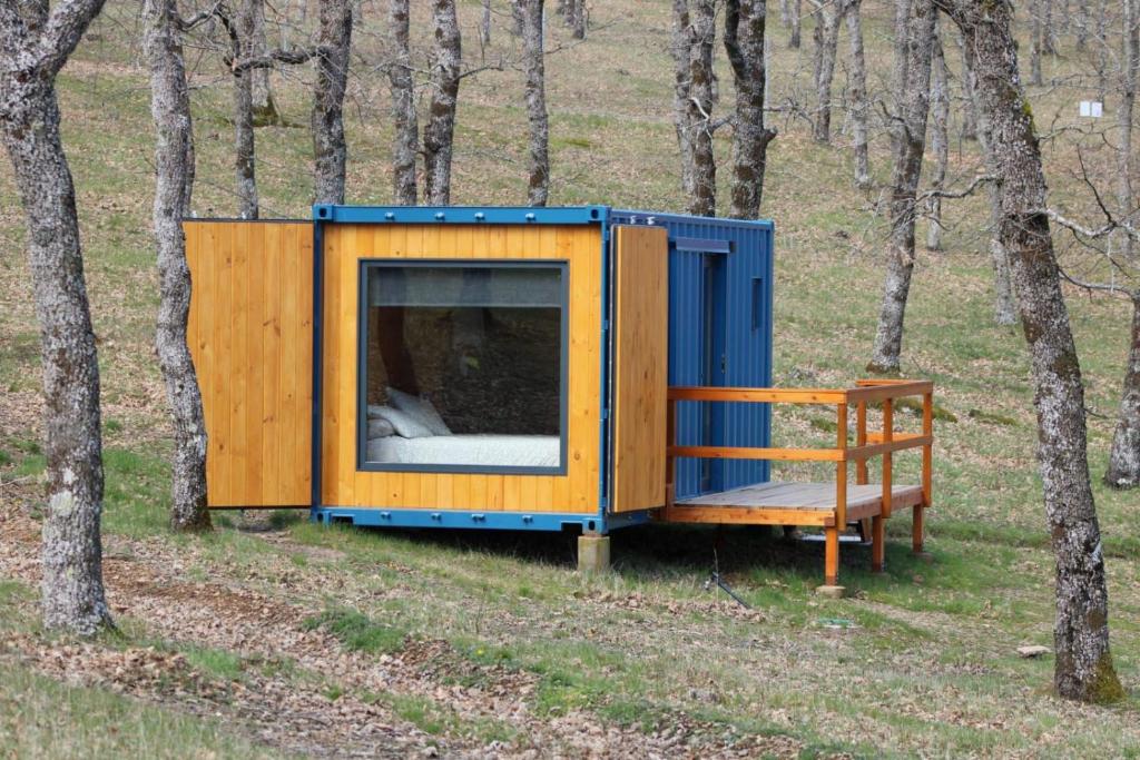 a tiny house in the woods with a bench at El Roble Glamping - Cabaña Container - Pet Friendly in Lagunilla