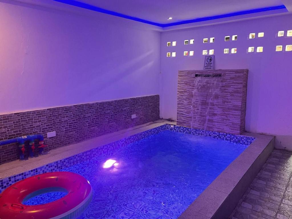 TacondoにあるRQ Pool Villa, Angeles Cityの赤いフリスビーが入ったプールのあるバスルーム