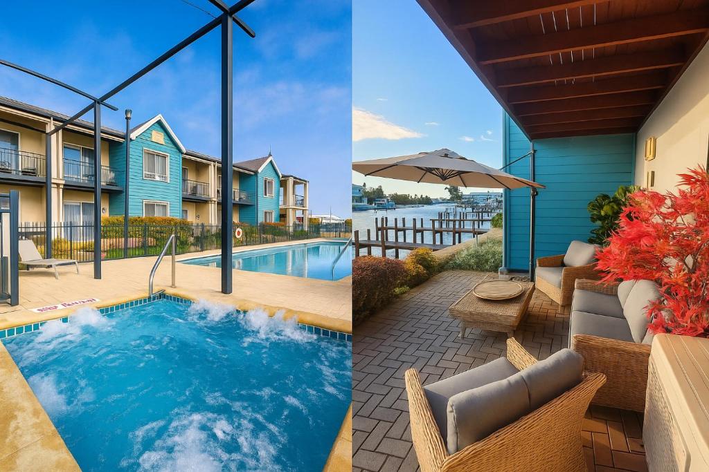 two pictures of a swimming pool and a house at Waterfront bliss, spacious corner block in Mandurah