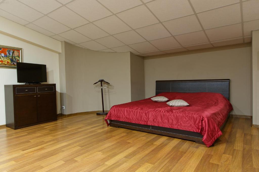 a bedroom with a red bed and a flat screen tv at Hotel Rial in Vladivostok