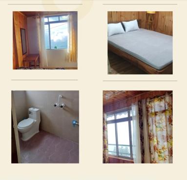 three pictures of a bedroom with a bed and a bathroom at Tiny Haven Homestay and Café - Lamahatta in Takdāh