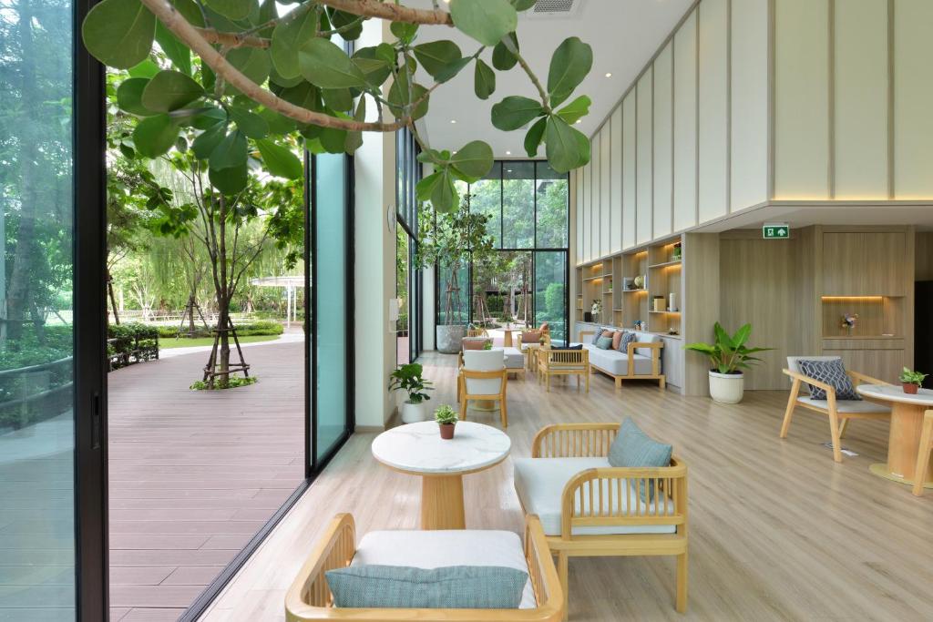 A garden-edge lounge with small tables, armchairs, and a long wall of illuminated display shelving.