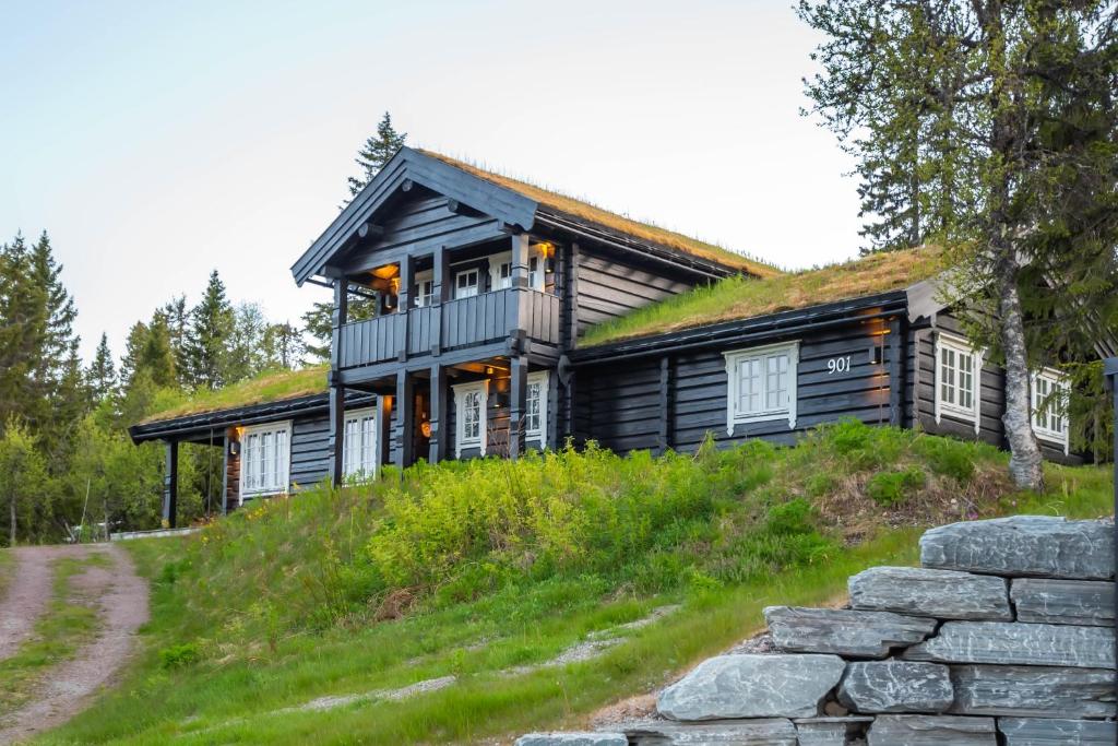 eine Blockhütte mit Grasdach auf einem Hügel in der Unterkunft Trysilfjellet Nord 901 in Trysil