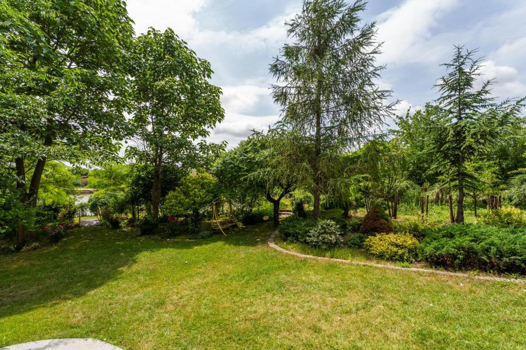 a yard with trees and grass and bushes at Lake Experience - Casa de vacanta in Măineasca