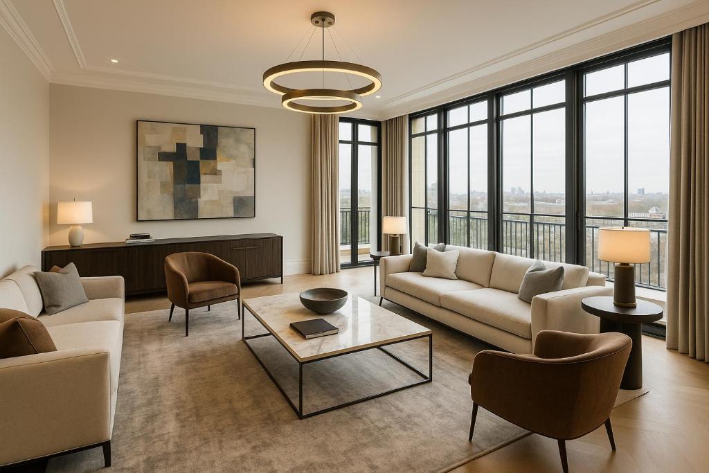 a living room with a couch and chairs and windows at Enad Place in Amman