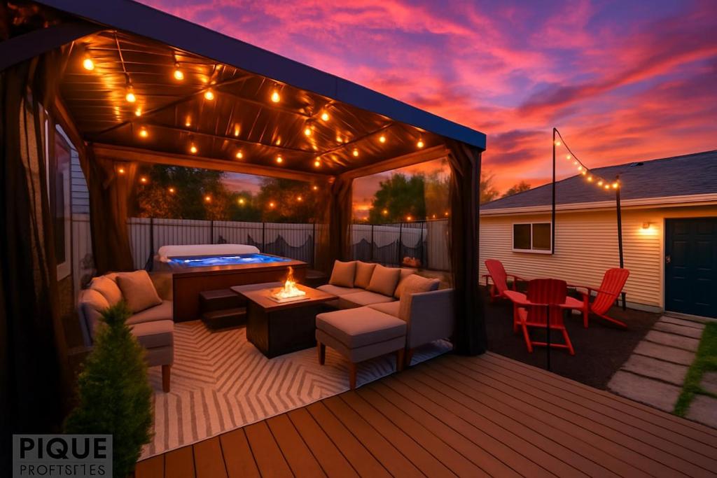 Kawasan patio atau luaran di Nordic Spa Retreat - Hot Tub - King Bed - Firepit - BBQ