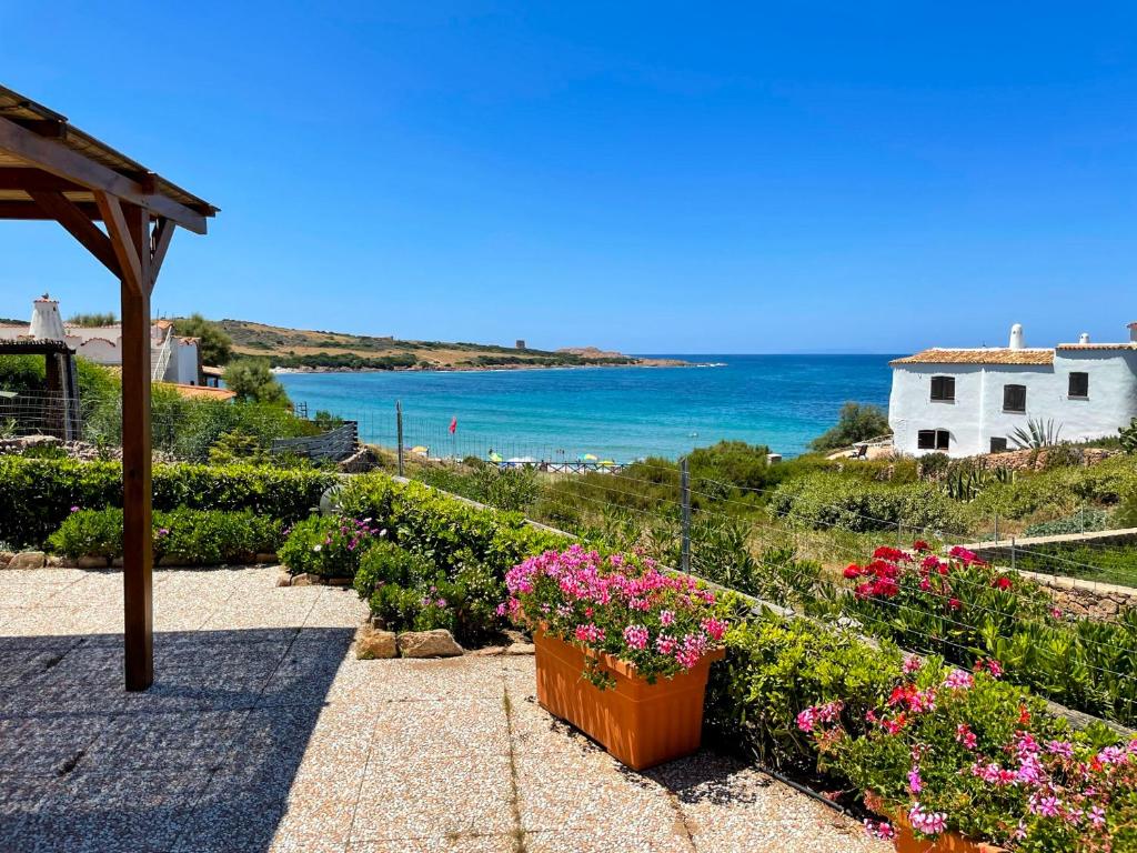 einen Garten mit Blumen und Meerblick in der Unterkunft La Maison Bleue in Isola Rossa