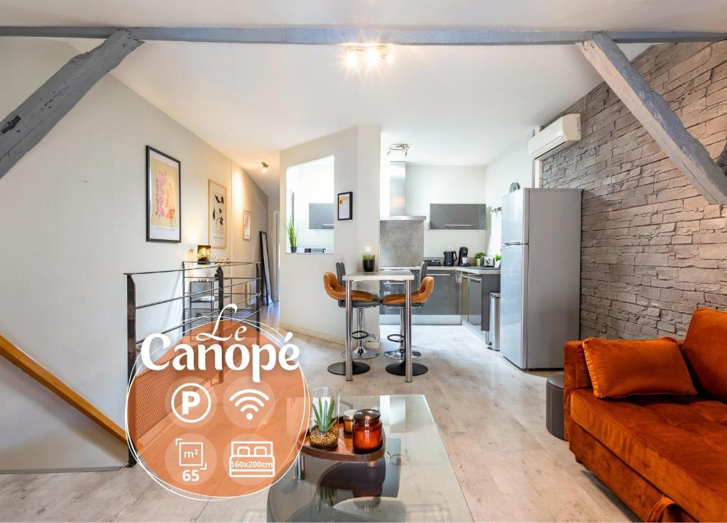 un salon décloisonné et une cuisine dans un loft dans l'établissement Le Canopé - Duplex Confort, Hypercentre, 2 Salles d'eau, à Castres