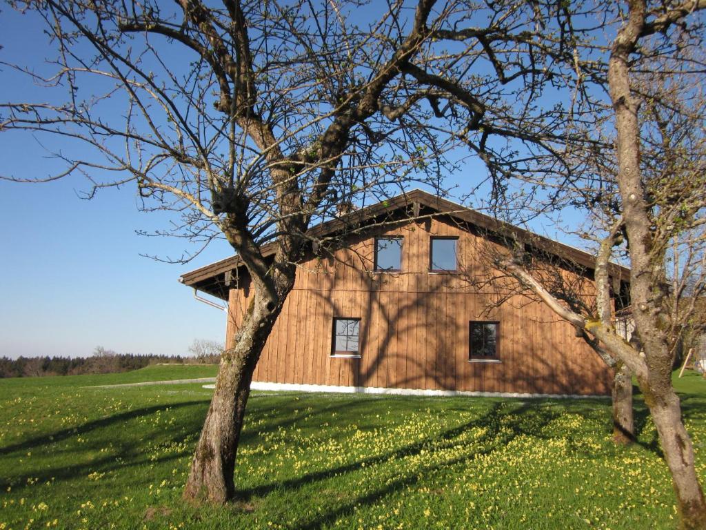 a house on a hill with trees in the foreground at Ferienhaus Am Riedl in Siegsdorf