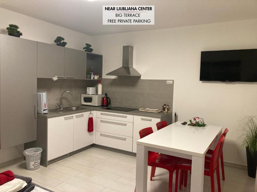a kitchen with white cabinets and a table with red chairs at Boutique Apartments in Ljubljana