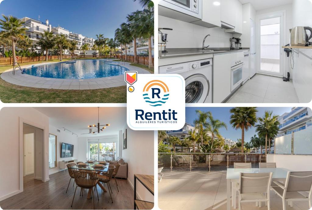 a collage of photos with a kitchen and a villa at RentitSpain - Playa Granada - Apartamentos TRM Aguacate Relax entre Mar, Golf y Montaña in Motril