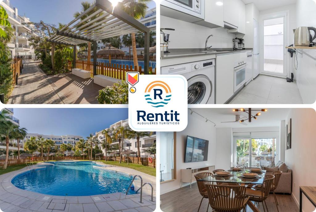 a collage of photos with a kitchen and a swimming pool at RentitSpain - TRM 2 - Mar y monte Playa Granada in Motril