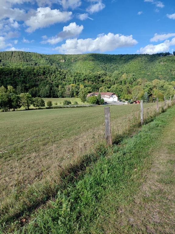 a fence in a field with a mountain in the background at Gut Kallerbend in Nideggen