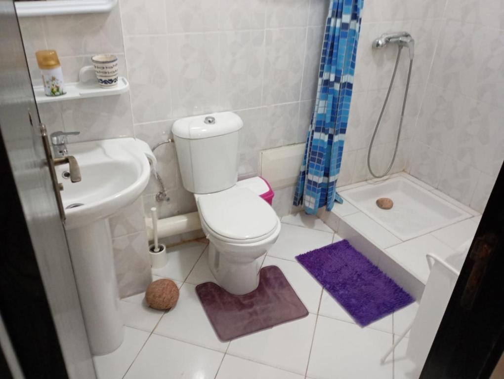 Un baño con inodoro, lavabo y ducha. en Samoura perla, en Agadir
