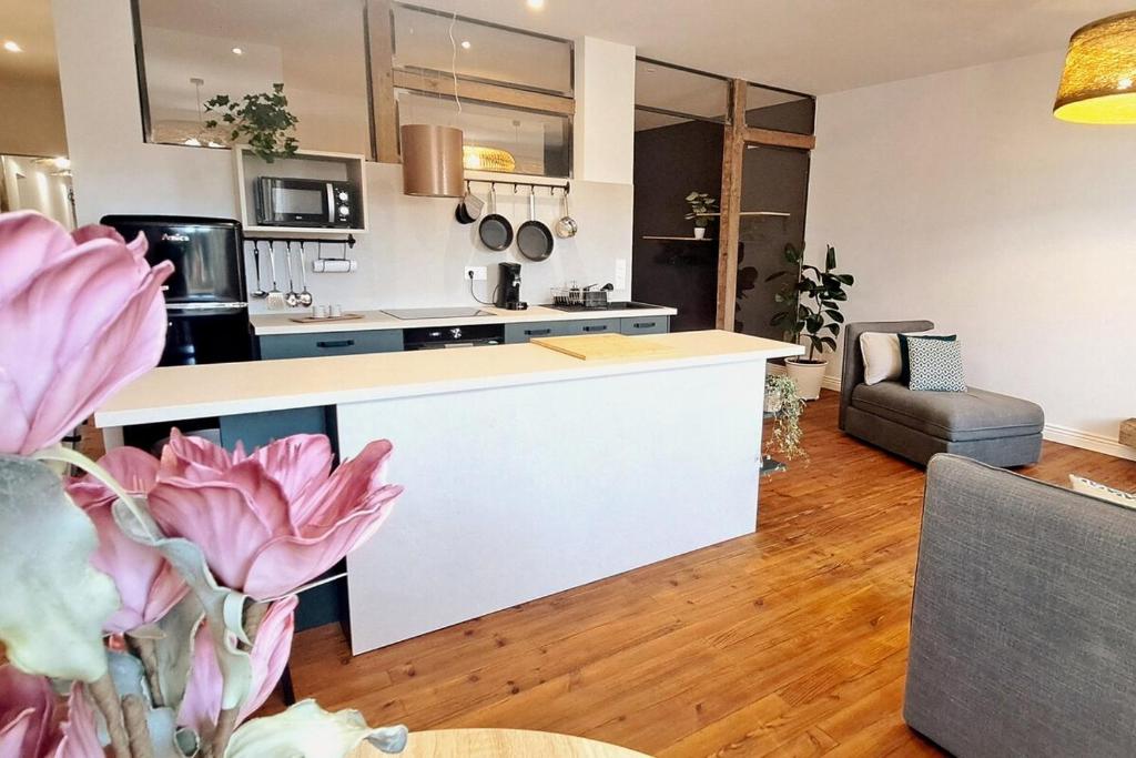 モン・ド・マルサンにあるLa Galupeのキッチン、リビングルーム(白いカウンタートップ付)