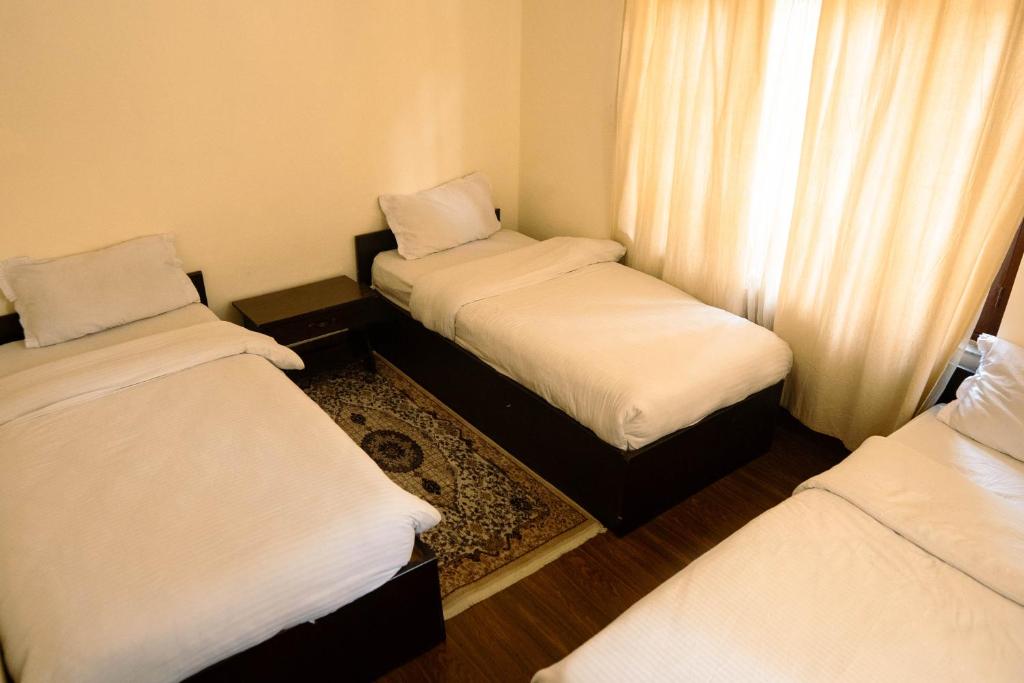 a room with two beds and a window at Logos House Nepal in Pātan