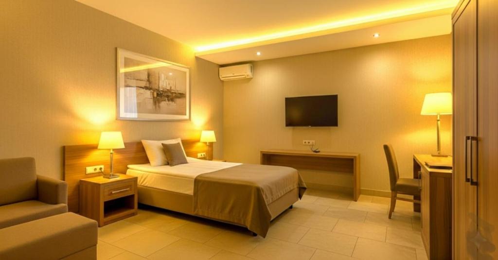 a bedroom with a bed and a desk and a tv at Genceli Family Hotel in Baku