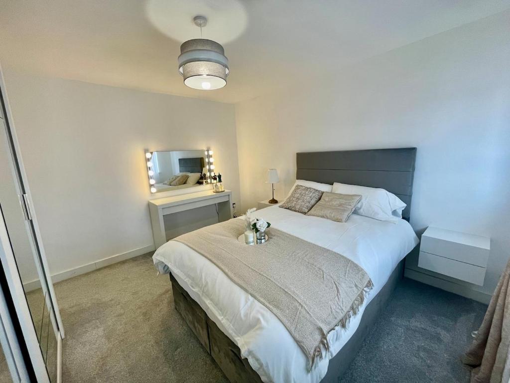 ein Schlafzimmer mit einem großen Bett und einem Spiegel in der Unterkunft Modern House with Garden and Parking in Cardiff