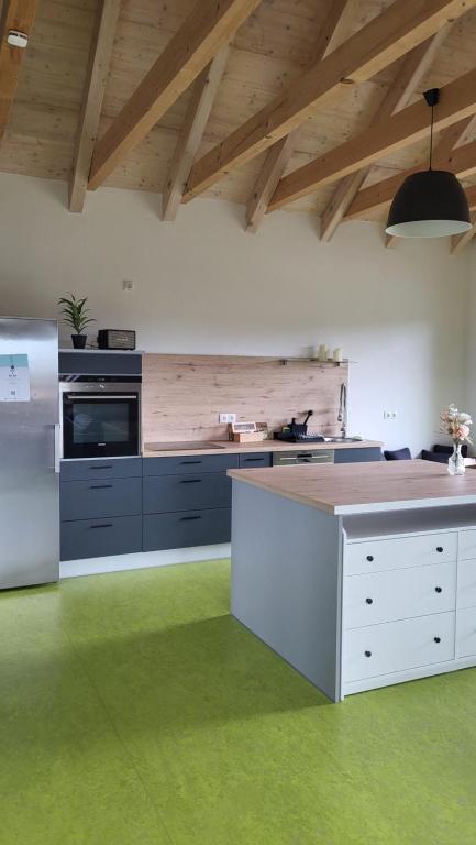 a kitchen with blue cabinets and a green floor at Appartement beim Walberla in Wiesenthau