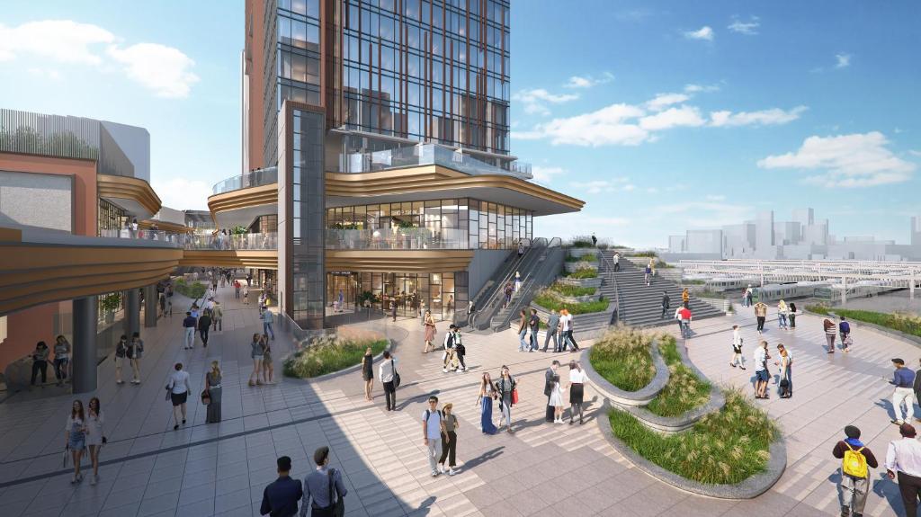 a rendering of people walking in a plaza in front of a building at HOTEL METROPOLITAN OIMACHI TRACKS Tokyo in Tokyo