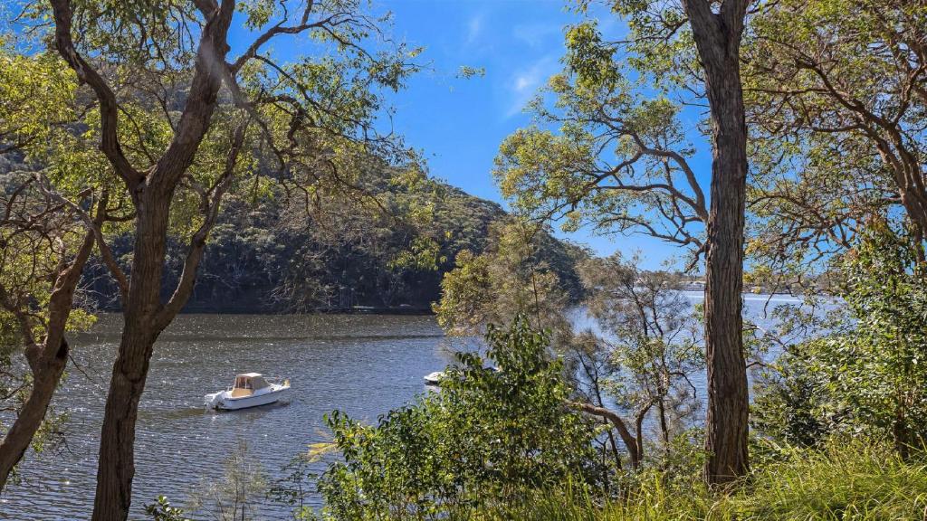 a boat on a lake with trees in the foreground at By The Waterside Horsefield Bay in Blackwall