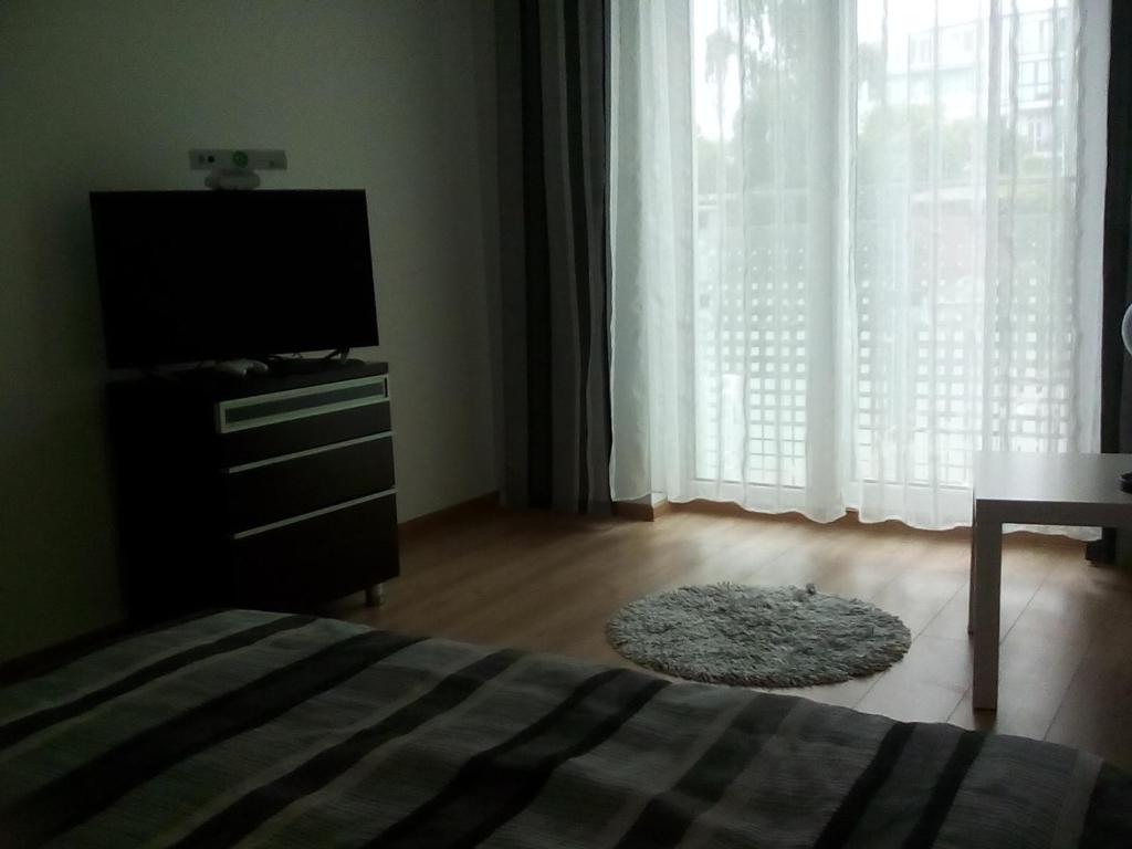 コウォブジェクにあるKarmazynowy Apartament Nad Morzemのベッドルーム(ベッド1台、薄型テレビ付)
