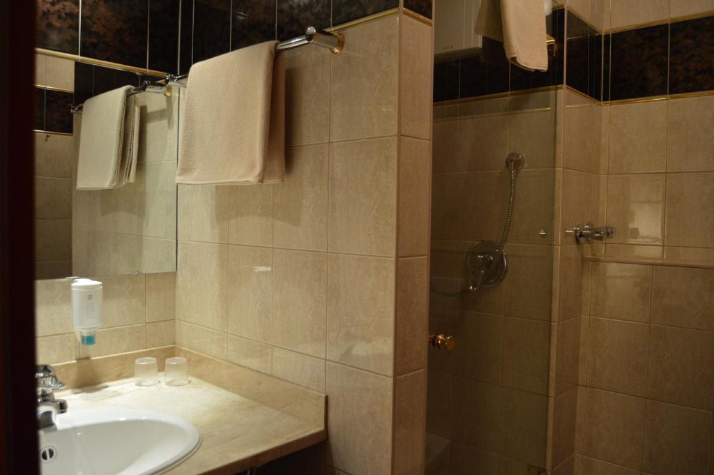 ein Bad mit einem Waschbecken und einer Dusche in der Unterkunft Hotel Stadt Jessen in Jessen