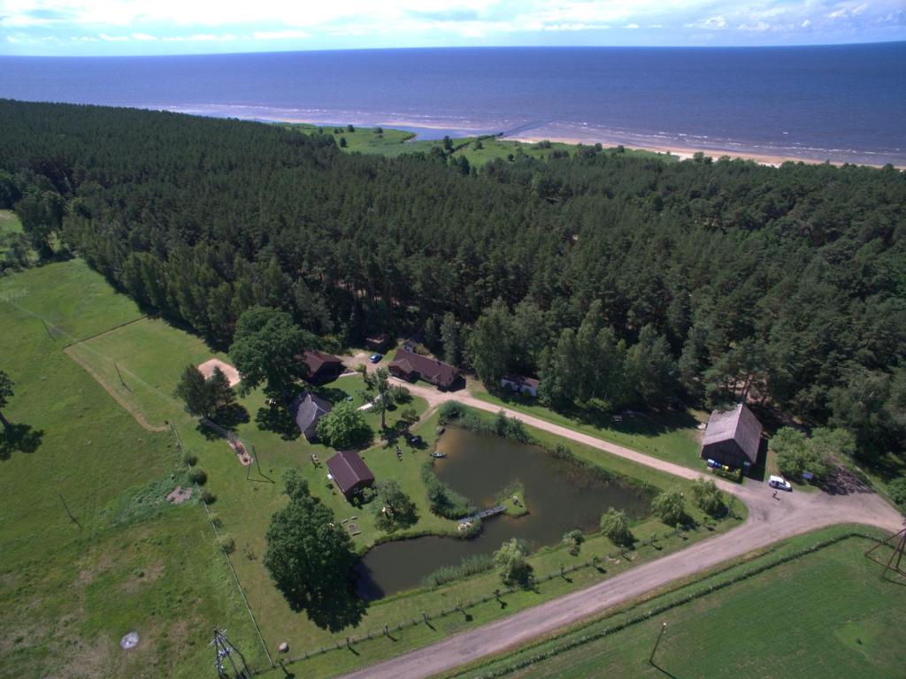 an aerial view of a house and a lake at Vējavas in Svettsiyems