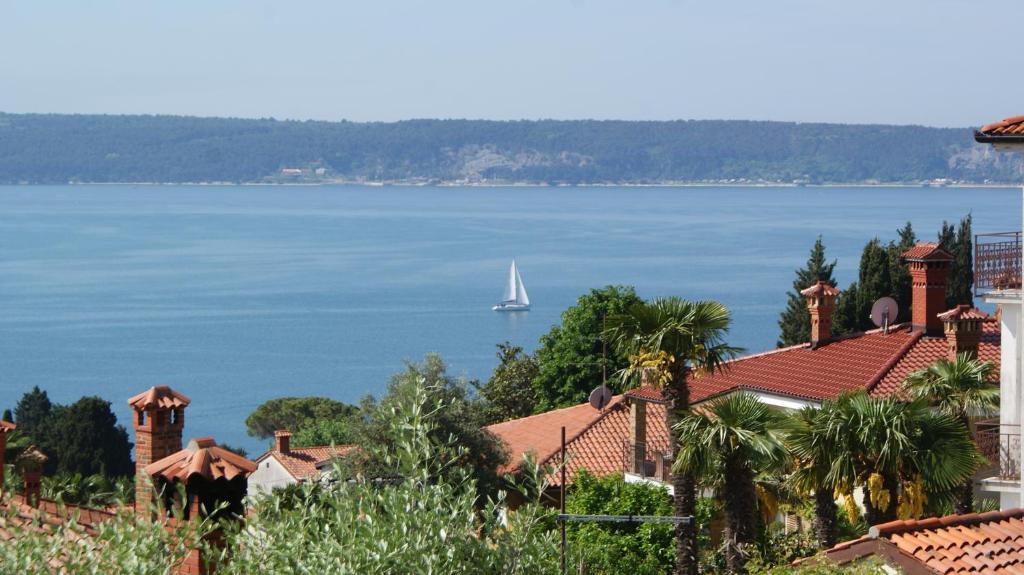 un velero en el agua detrás de una casa en Apartments Ogrin, en Portorož