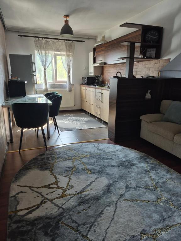 a kitchen and living room with a couch and a table at Apartament ELSA in Floreşti