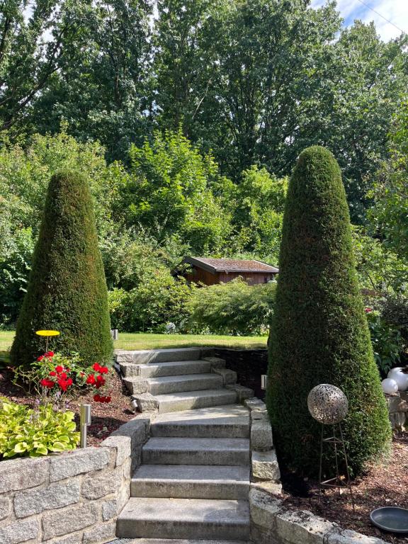 a garden with a set of stairs and two bushes at Hundertwasser Hideaway - Villa am Wald bei Bamberg 