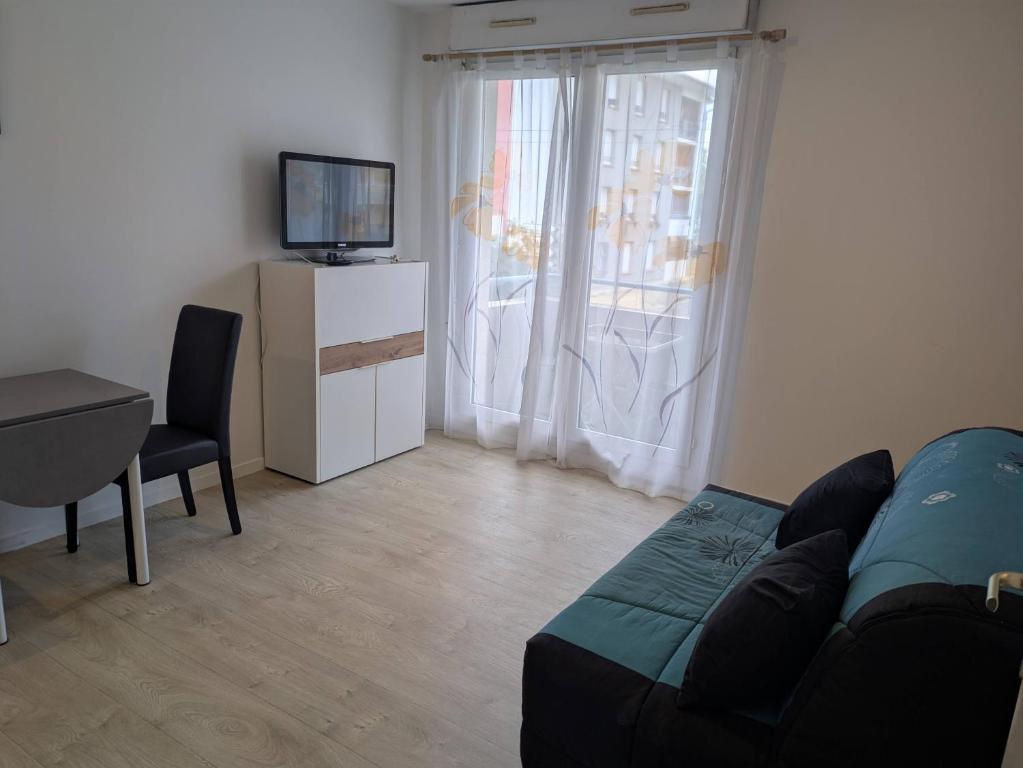 a living room with a couch and a table and a television at Appart T1bis 31m2 Blagnac proche Tram in Blagnac
