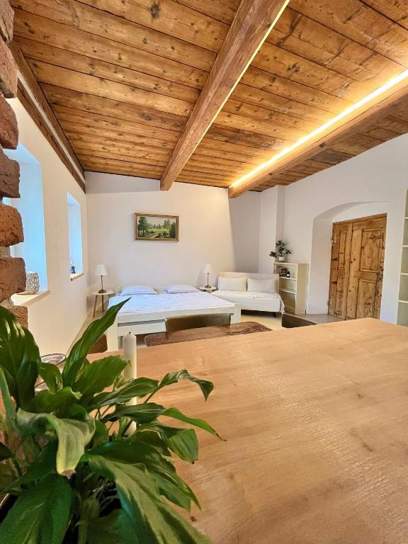 a bedroom with a bed in a room with wooden ceilings at Apartmány Bouda 230 in Pec pod Sněžkou