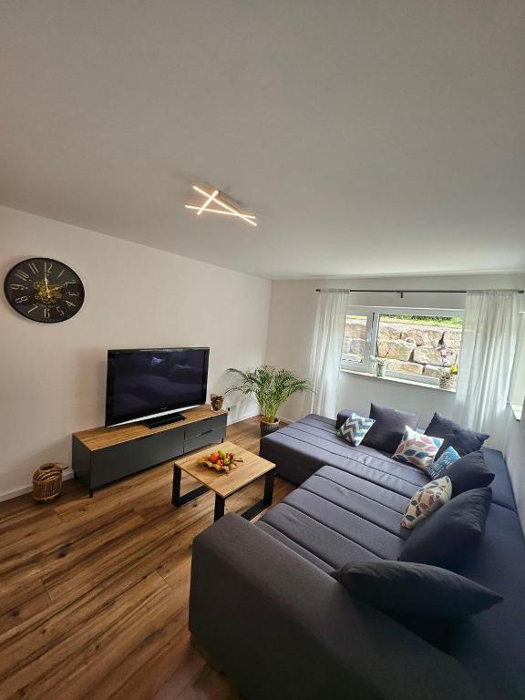 a living room with a blue couch and a tv at Luna Apartment in Dinkelsbühl