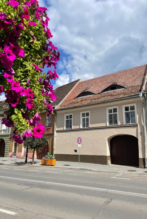 a house on the side of a street with pink flowers at Casa Crown in Sighişoara