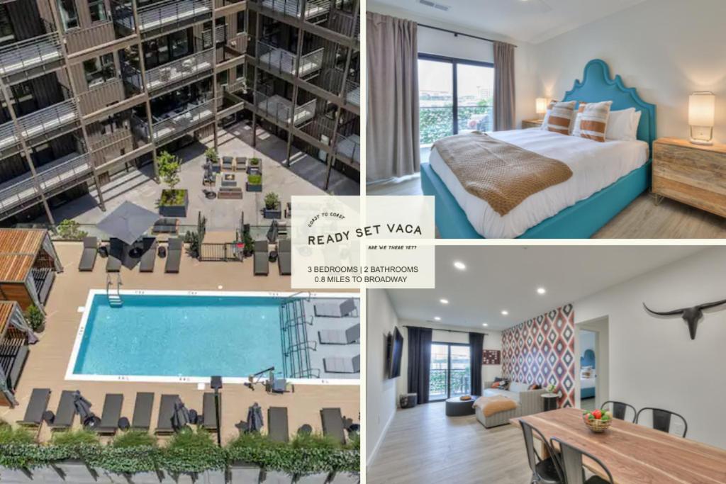 un collage de fotos de una habitación de hotel con cama y piscina en 3br 2ba Luxury Pool 08mi To Broadway Gulch, en Nashville