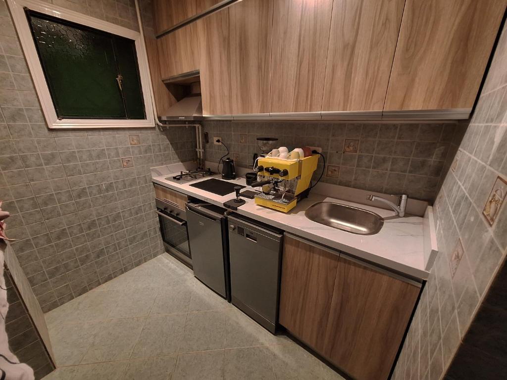 eine kleine Küche mit Mixer und Spüle in der Unterkunft For Coffee Lovers in Kairo