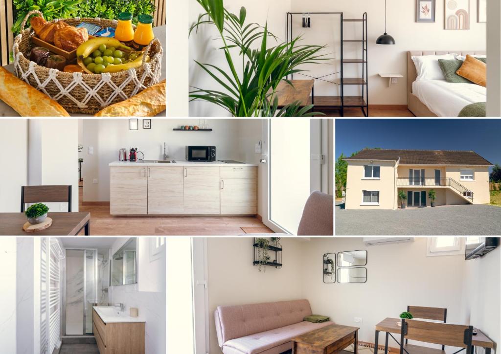 eine Collage mit Fotos von einer Küche und einem Wohnzimmer in der Unterkunft L'essentiel, calme et climatisé - Accès autonome in La Ferté-Gaucher