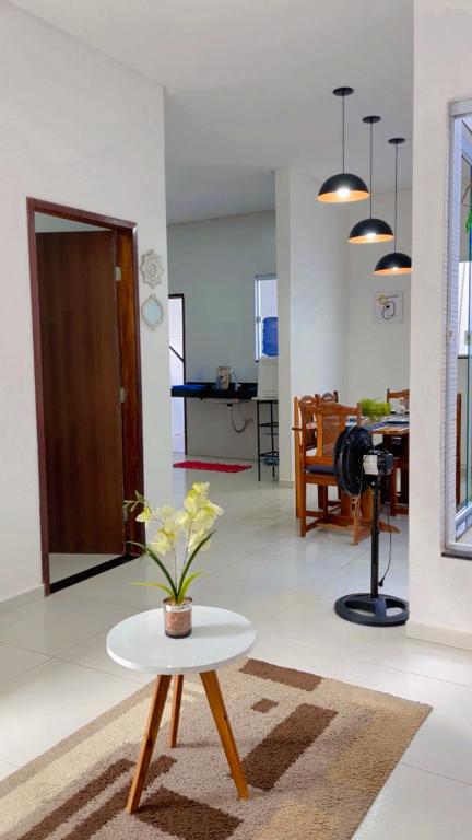 a living room with a table with a plant on it at Viver de Temporada Canindé- 10 Minutos de Piranhas- 3 Minutos do Centro garagem para 3 carros in Canindé de São Francisco