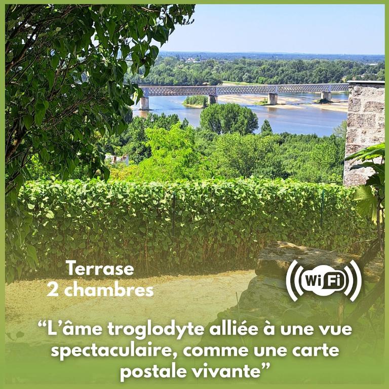 a picture of a river with a bridge in the background at Le chant du troglodyte in Saumur