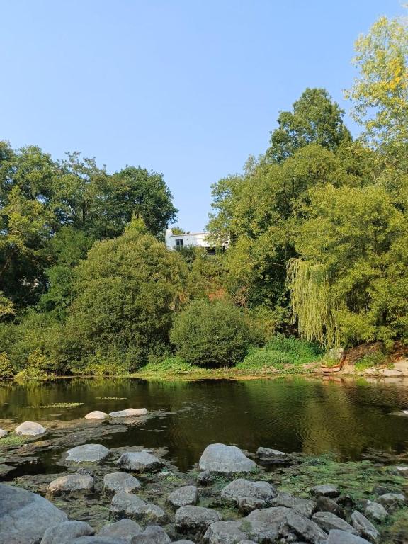 a body of water with rocks and trees at Cottage near Clisson in Gétigné