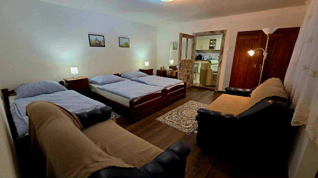 un dormitorio con dos camas y un sofá en Apartmány Magnólia Štítnik, en Otilia