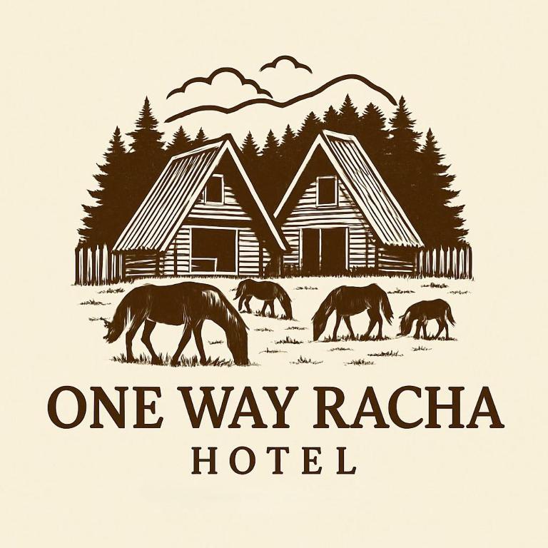 a one way radio hotel with horses grazing in front of houses at One Way Racha Hotel in Gari