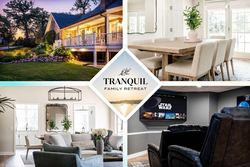un collage de fotos de una casa con sala de estar en Tranquil Family Retreat - for 10, en Lake Geneva
