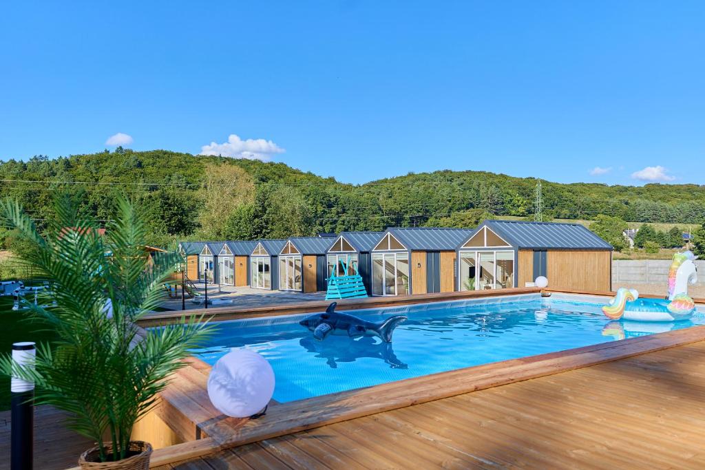 a swimming pool with a shark in the middle of a house at Turkusowa Osada - family resort in Wapnica