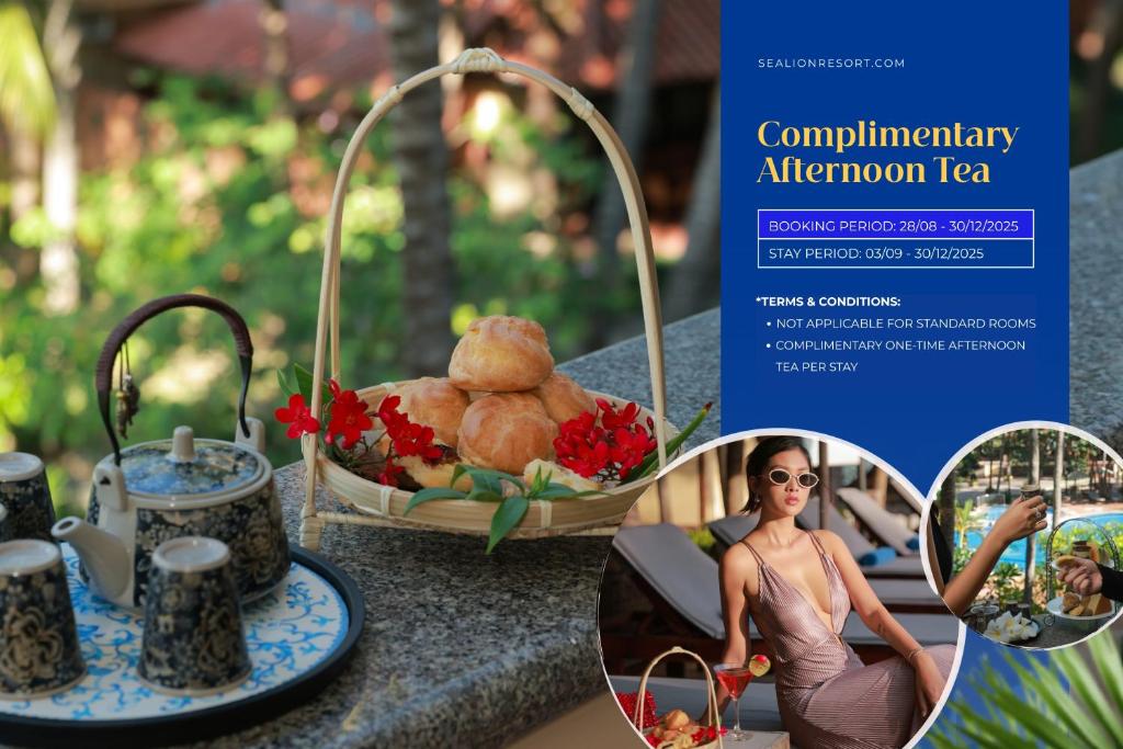 a collage of photos of a table with a tray of food at Sea Lion Beach Resort Mui Ne in Mui Ne