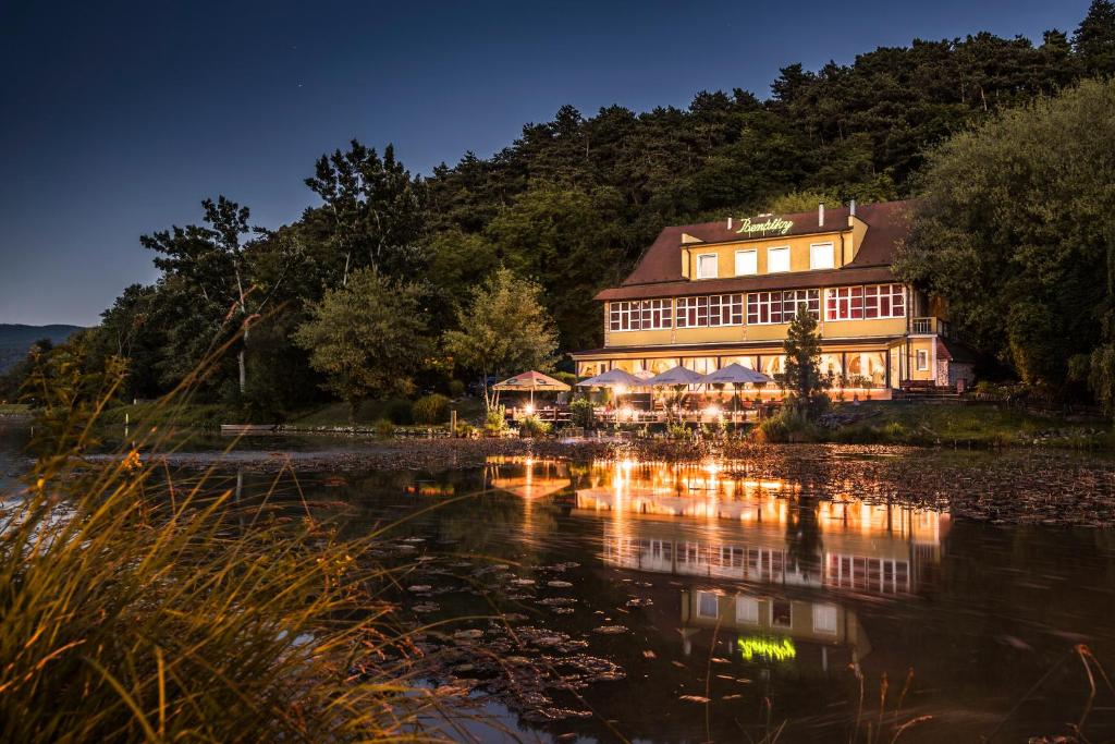 a large building next to a lake at night at Penzion Benatky in Piešťany